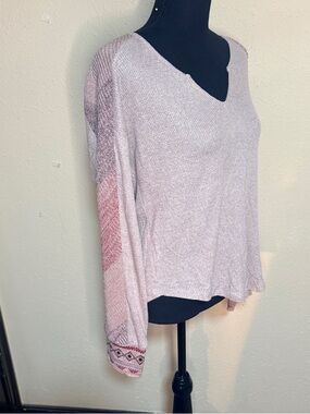 Pale Sky Women’s Large Light Mauve Knit V-Neck Sweater Embroidered Sleeve Boho